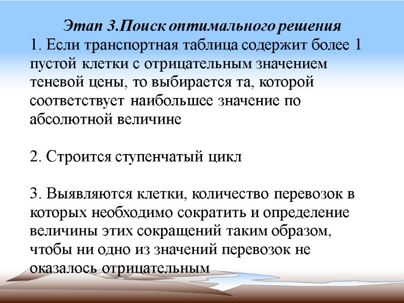 Этап 3.Поиск оптимального решения 1. Если транспортная таблица содержит более 1 пустой клетки с